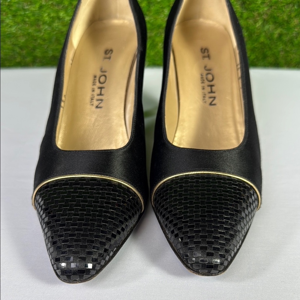 Vintage St John Black Satin Heels Emily Faille Paillette Italy 1998 - Picture 5 of 16